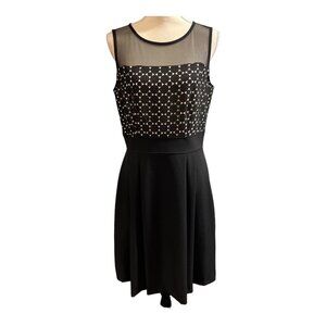 Dress Barn Dress Womens 10 Black Sheer Netting Geometric Bust Crepe Midi‎ Office
